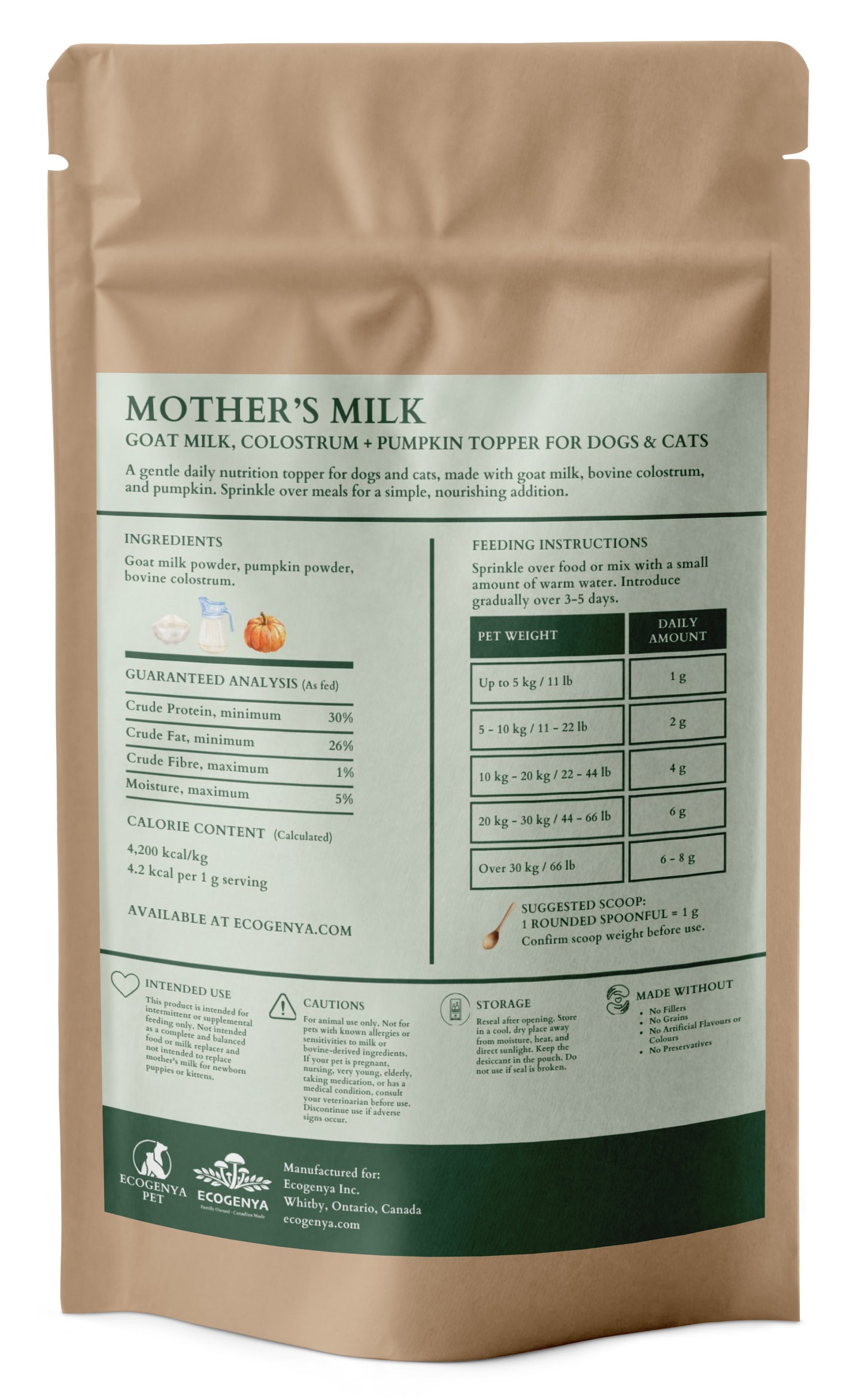 Ecogenya Mother's Milk Pumpkin Topper, 100g — back label, packaged in Canada