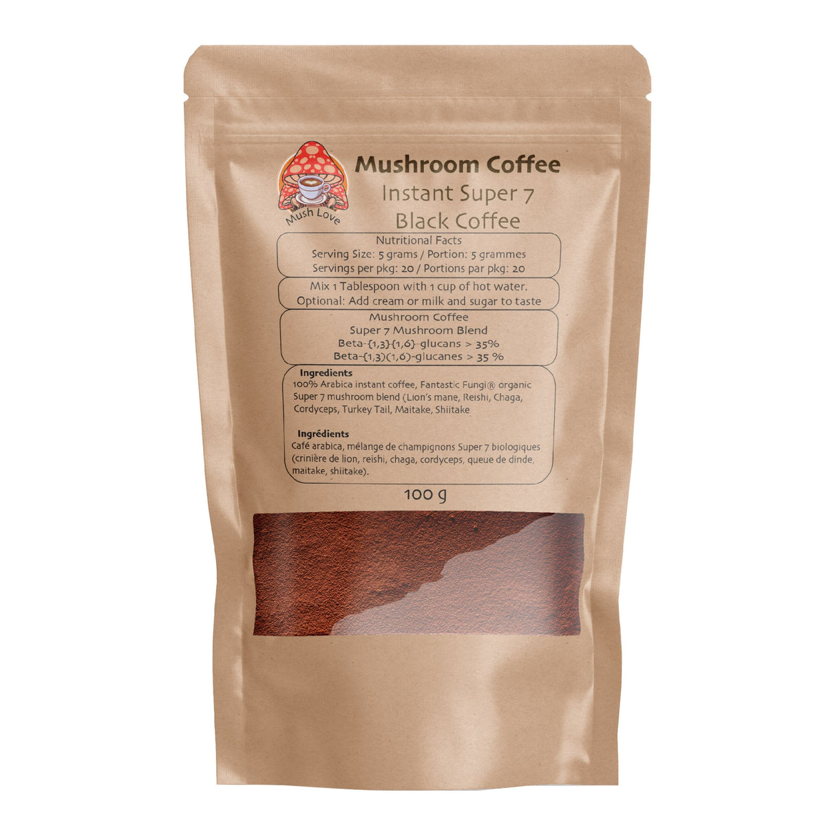 Mush Love Mushroom Coffee pouch: Instant Super 7 Black Coffee, 100 g, with nutrition and ingredient panel and a window showing the brown instant powder.