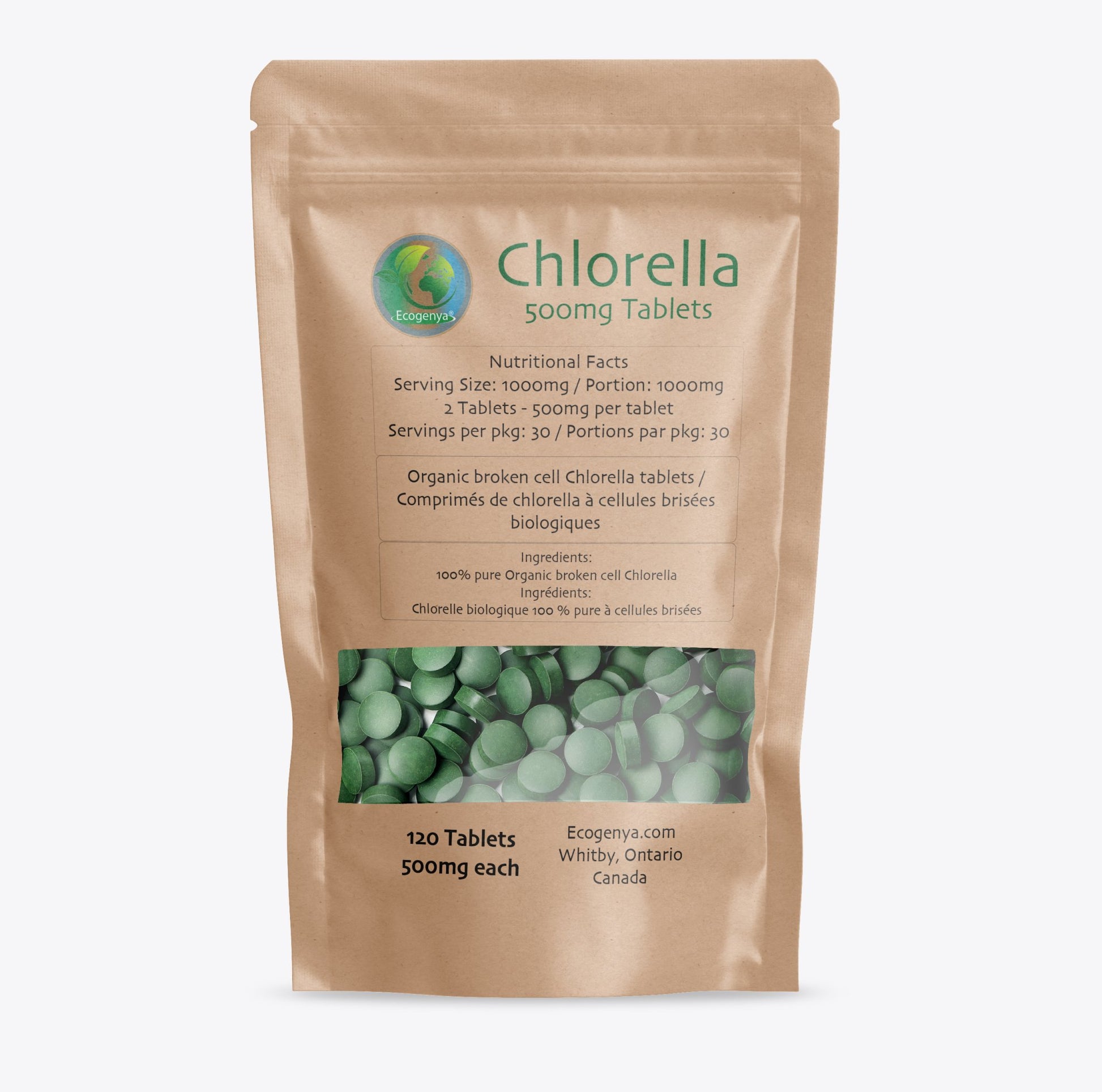 Organic Broken Cell Chlorella Tablets - 500mg  - High Potency - Ecogenya