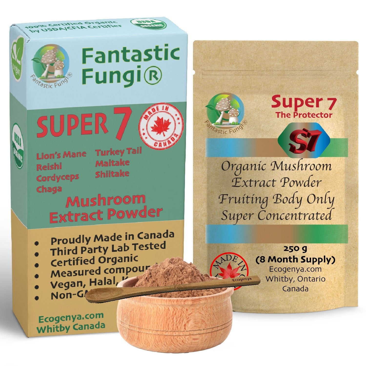 Organic Super Seven Mushroom blend extract powder – Halal, Kosher, Vegan, Non - GMO - Ecogenya