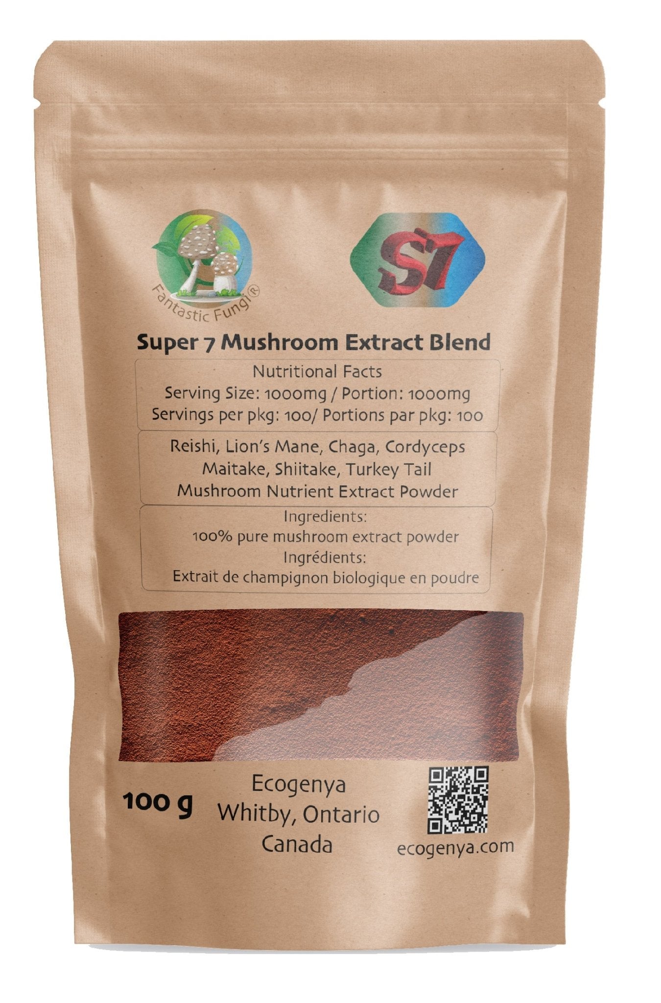 Organic Super Seven Mushroom blend extract powder – Halal, Kosher, Vegan, Non - GMO - Ecogenya
