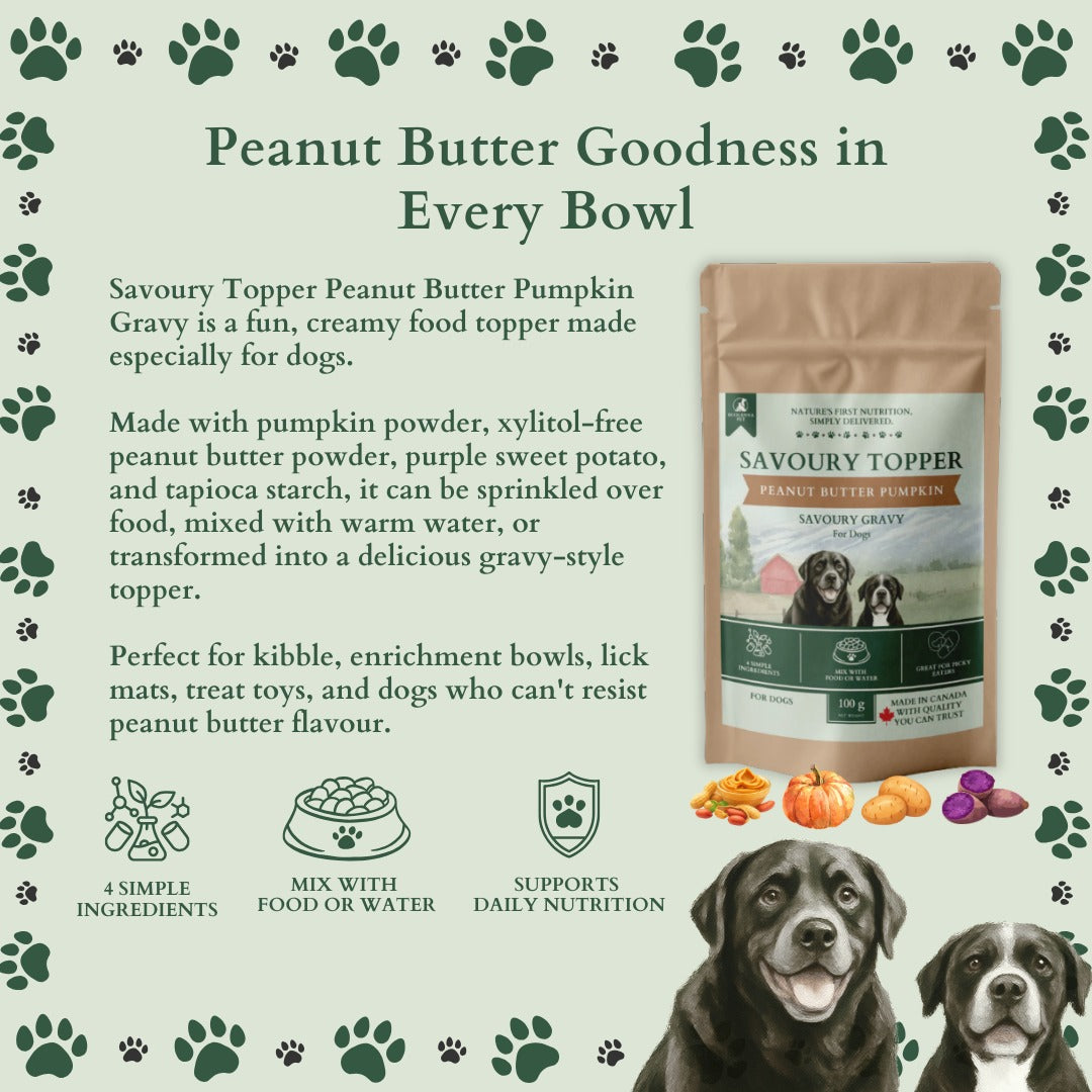 Ecogenya Peanut Butter Pumpkin Gravy pouch on a sage-green graphic, 'Peanut butter goodness in every bowl,' showing pumpkin and peanut butter ingredients with icons for simple ingredients, mixing with food or water, and daily nutrition, beside two dogs.