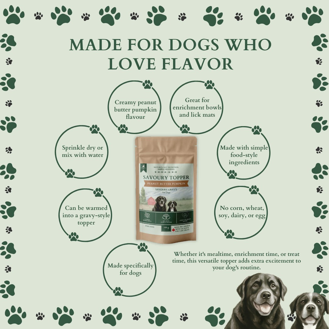 Ecogenya Peanut Butter Pumpkin Gravy pouch on a sage-green graphic headed 'Made for dogs who love flavor,' with benefit bubbles for creamy peanut butter pumpkin flavour, enrichment bowls and lick mats, a gravy-style topper, and no corn, wheat, soy, dairy or egg, beside two dogs.