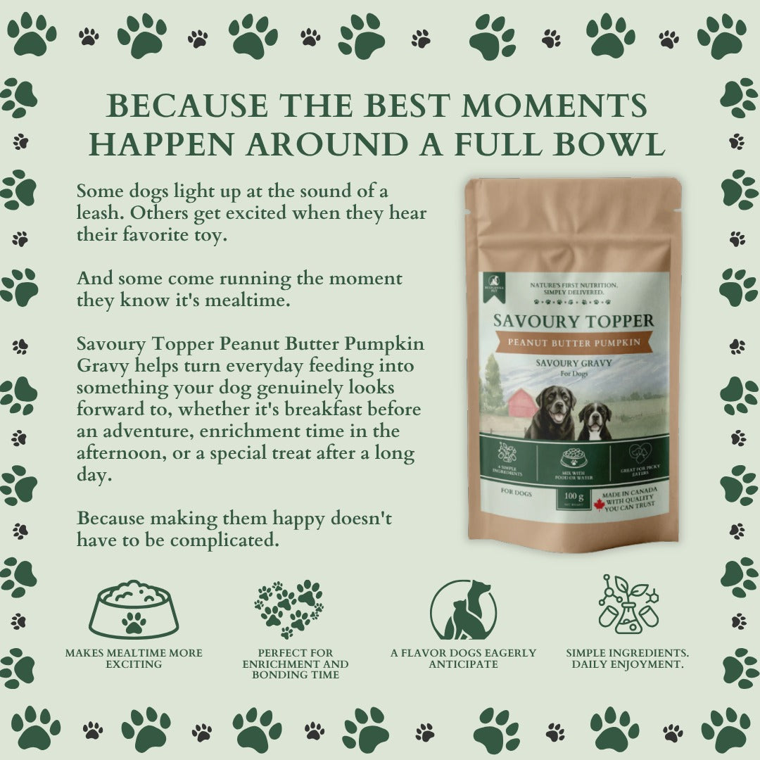 Ecogenya Peanut Butter Pumpkin Gravy pouch on a sage-green graphic, 'Because the best moments happen around a full bowl,' with icons for exciting mealtimes, enrichment and bonding, eager anticipation, and simple ingredients.