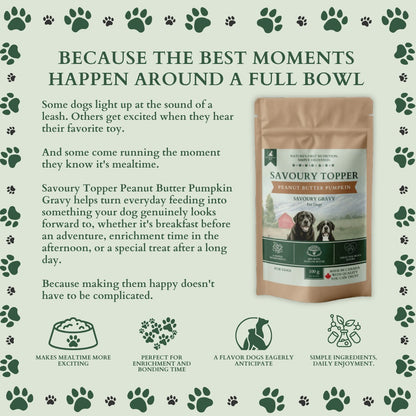 Ecogenya Peanut Butter Pumpkin Gravy pouch on a sage-green graphic, 'Because the best moments happen around a full bowl,' with icons for exciting mealtimes, enrichment and bonding, eager anticipation, and simple ingredients.
