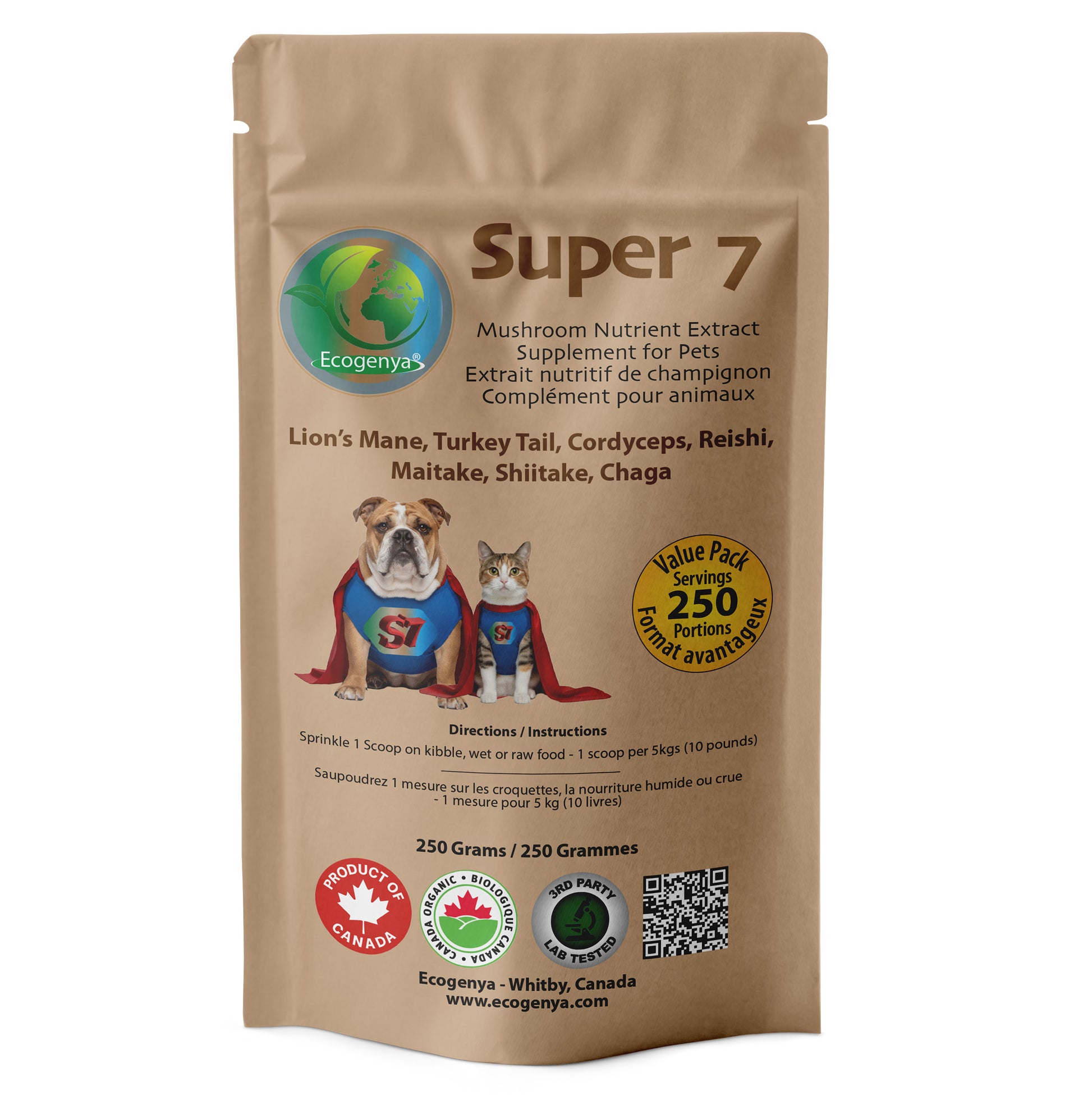 Ecogenya Super 7 Mushroom Blend for Pets in a kraft stand-up pouch, 250g — packaged in Canada