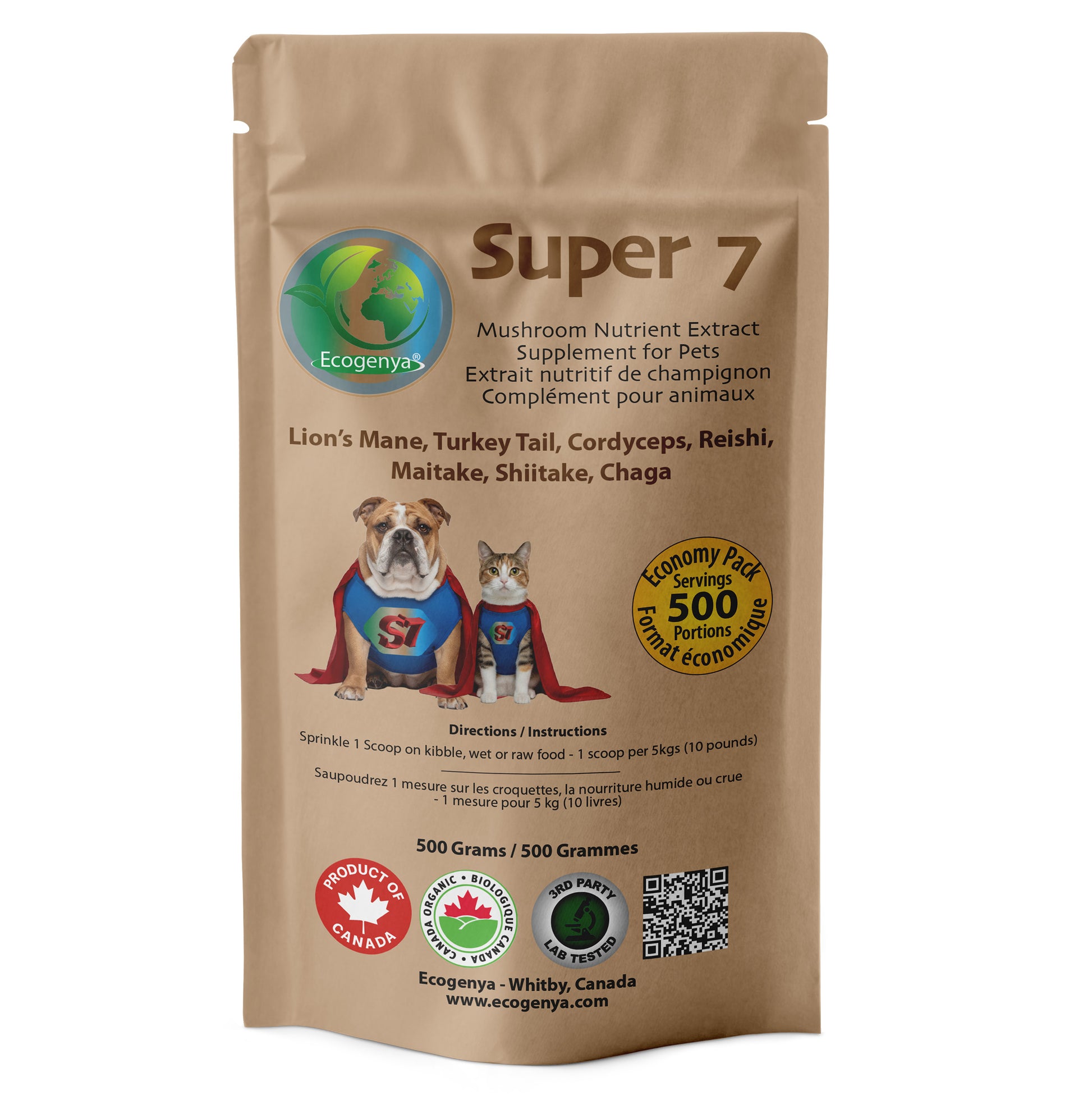 Ecogenya Super 7 Mushroom Blend for Pets in a kraft stand-up pouch, 500g — packaged in Canada