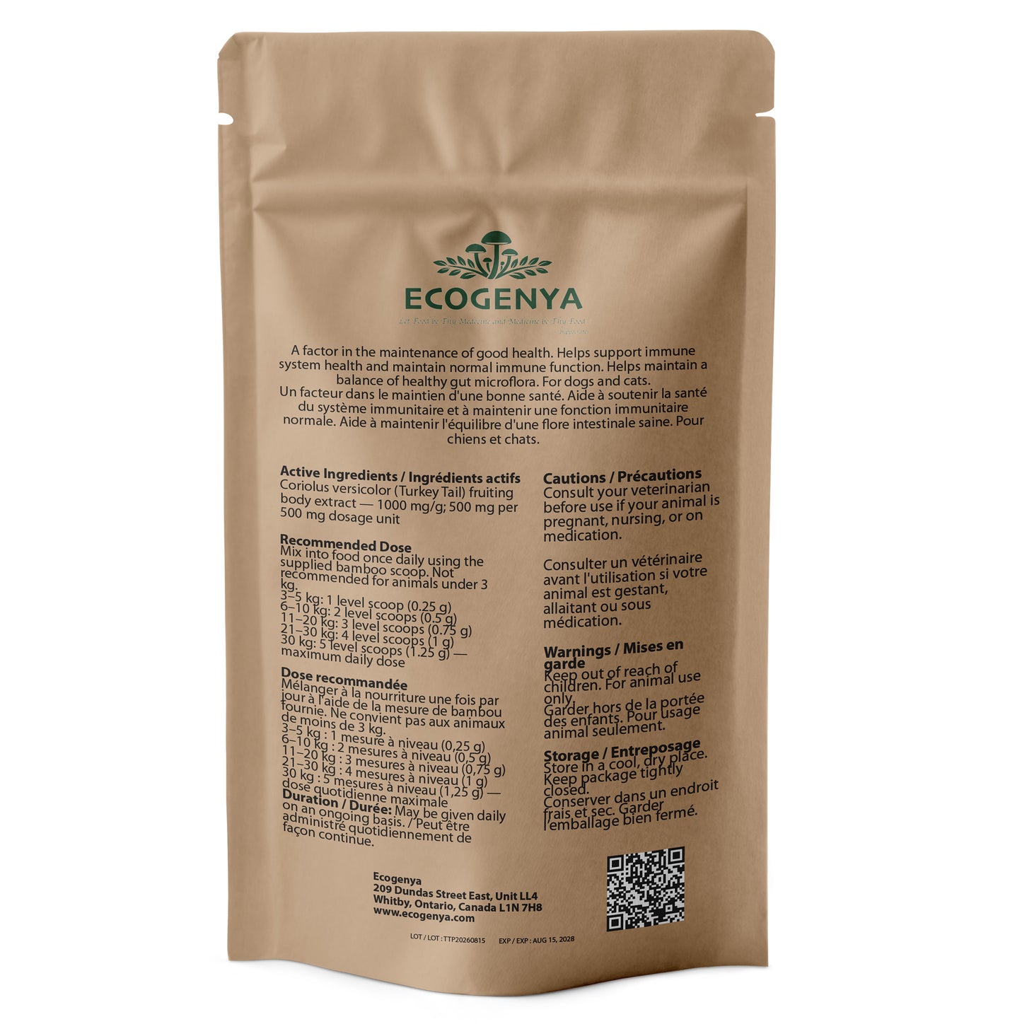 Back label of Ecogenya Turkey Tail Mushroom Extract for dogs and cats
