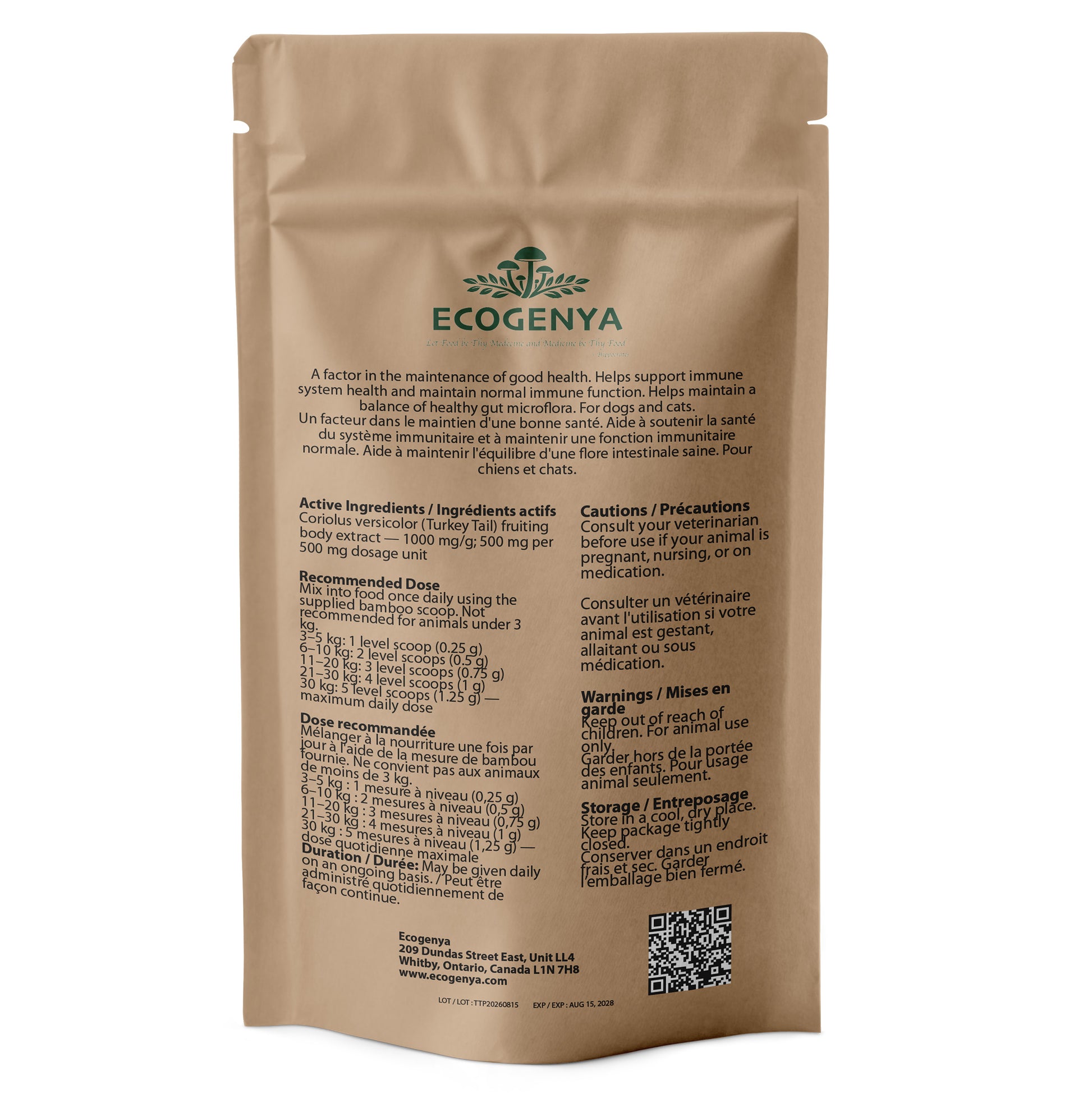 Back label of Ecogenya Turkey Tail Mushroom Extract for dogs and cats