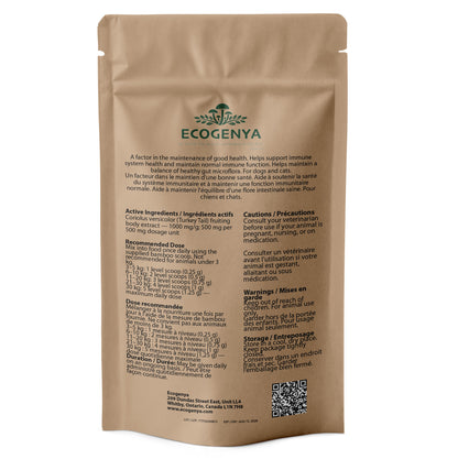 Back label of Ecogenya Turkey Tail Mushroom Extract for dogs and cats