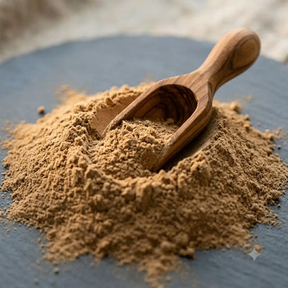 Ecogenya Super 7 Mushroom Blend for Pets, pile of powder with a scoop — packaged in Canada