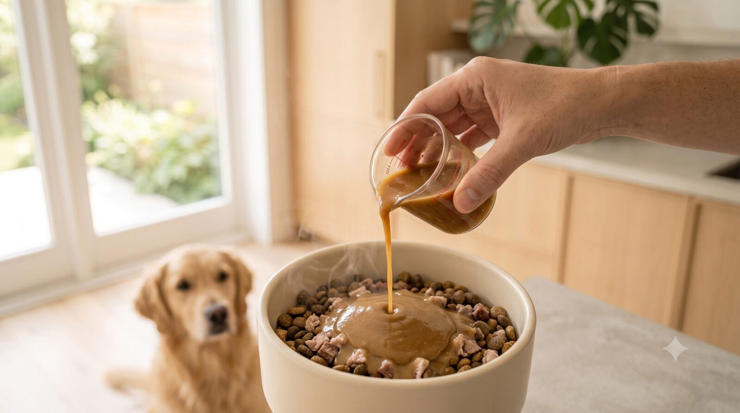 Bone broth gravy being poured over a bowl of dog kibble in a kitchen while a golden retriever waits