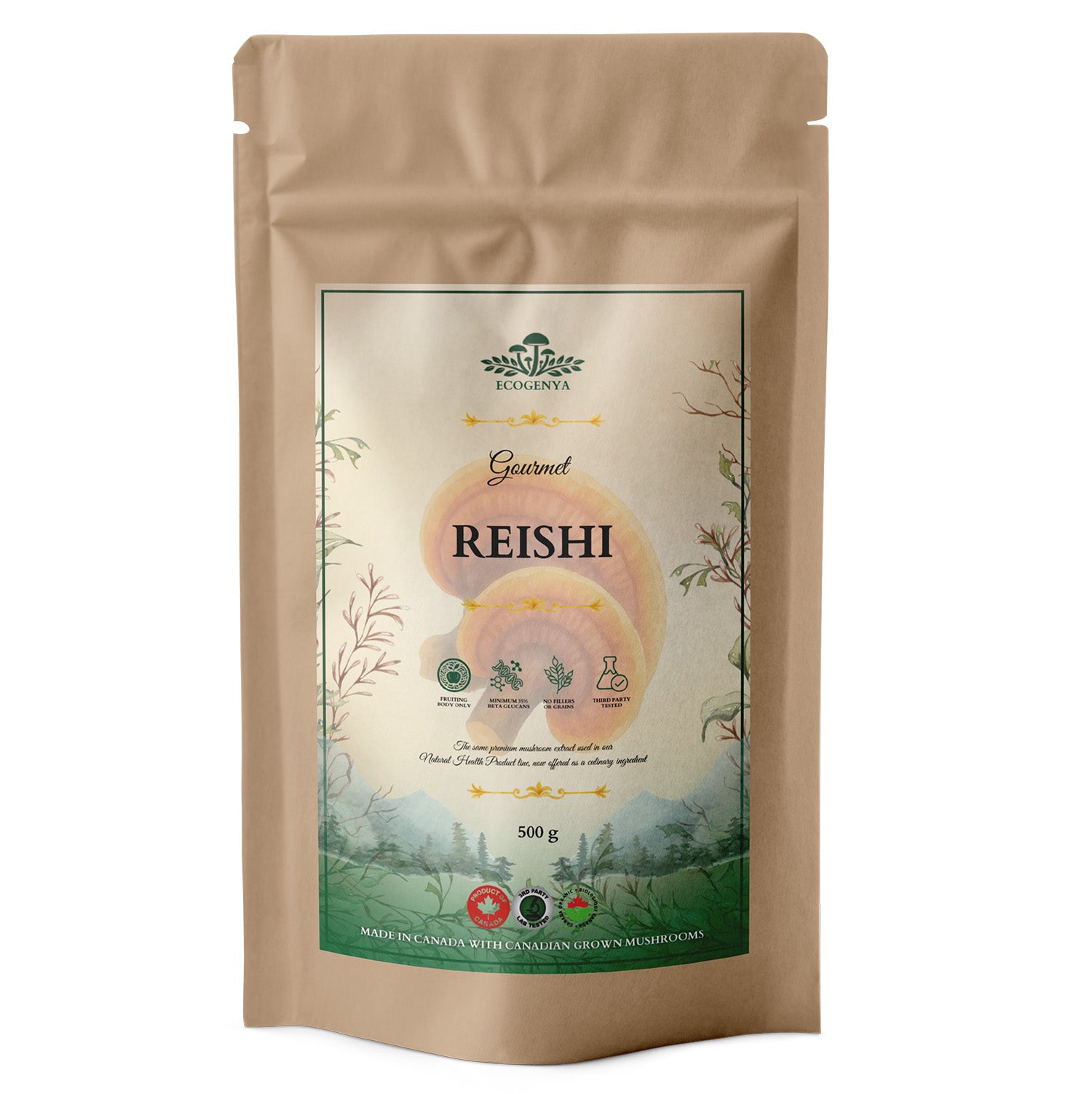 Ecogenya Gourmet Reishi Mushroom Powder in a kraft bag, 500g — packaged in Canada