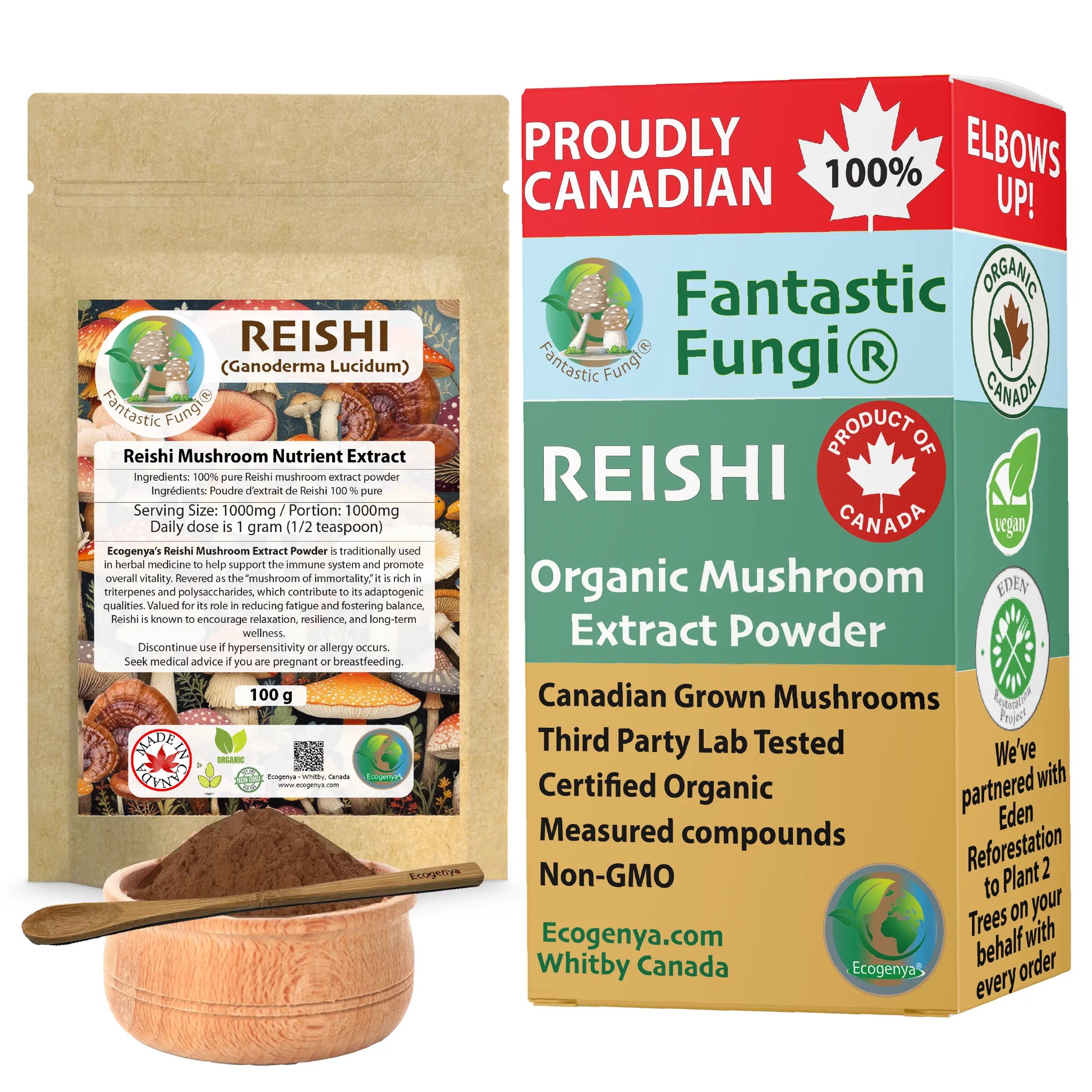Ecogenya Organic Reishi Mushroom Extract with box, kraft bag, bowl and spoon — packaged in Canada