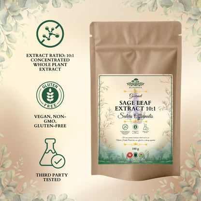 Ecogenya Sage Leaf Extract 10:1 pouch with vegan, non-GMO, gluten-free and third-party tested features