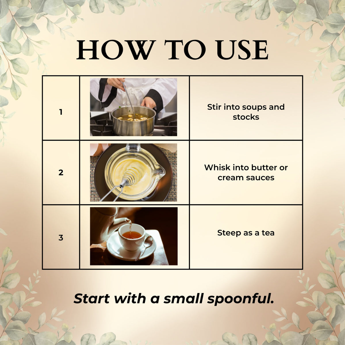 How to use Sage Leaf Extract 10:1 in soups, butter or cream sauces, and tea