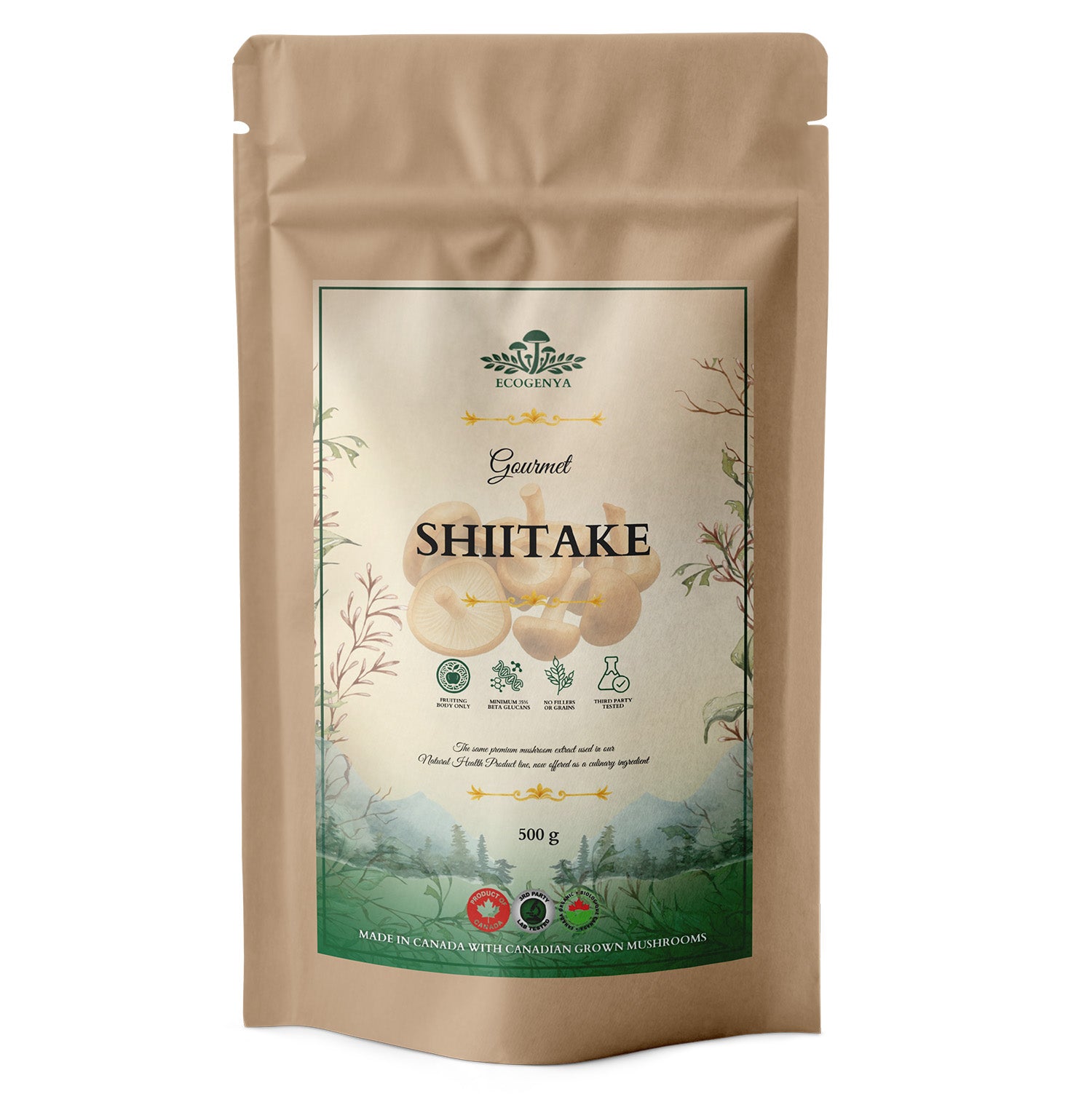 Ecogenya Gourmet Shiitake Mushroom Powder in a kraft bag, 500g — packaged in Canada