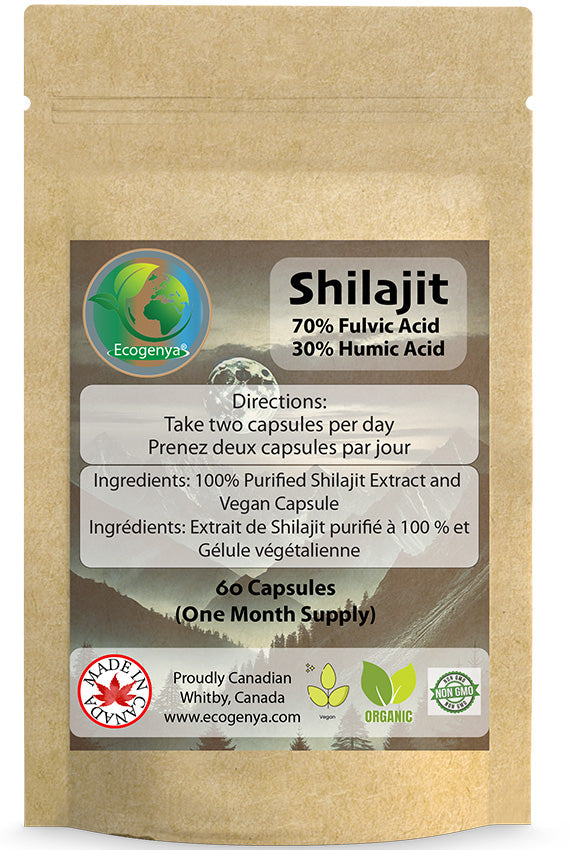 Ecogenya Organic Himalayan Shilajit Capsules in a kraft stand-up pouch — packaged in Canada