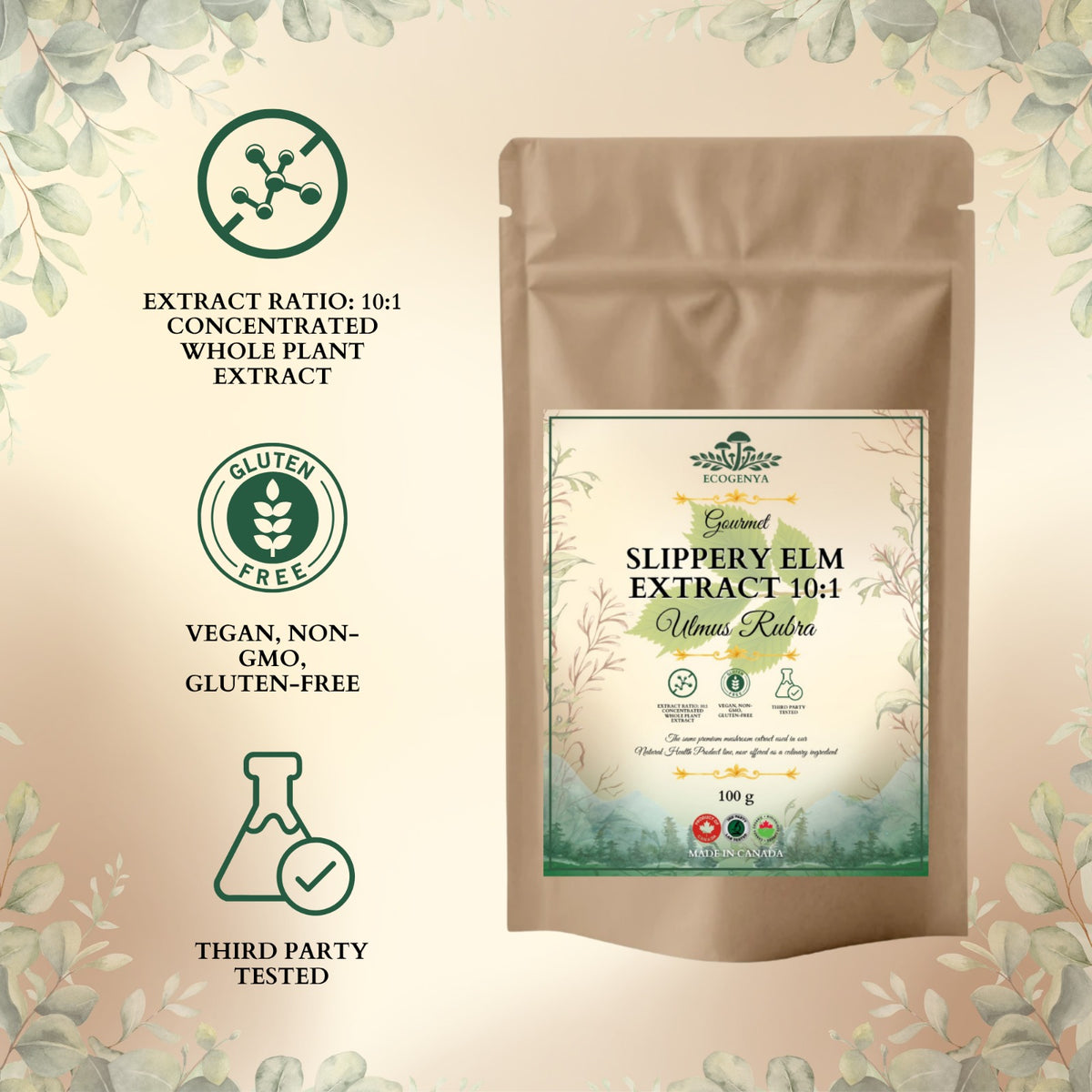 Ecogenya Slippery Elm Extract 10:1 pouch with vegan, non-GMO, gluten-free and third-party tested features