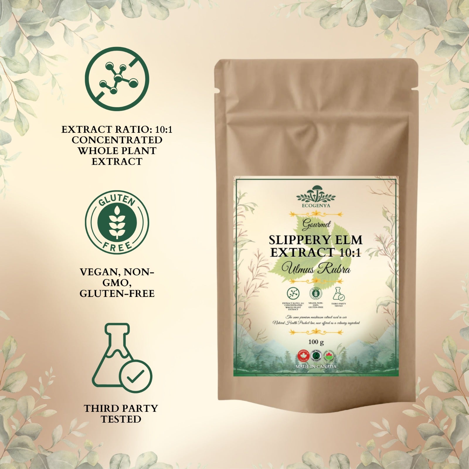 Ecogenya Slippery Elm Extract 10:1 pouch with vegan, non-GMO, gluten-free and third-party tested features