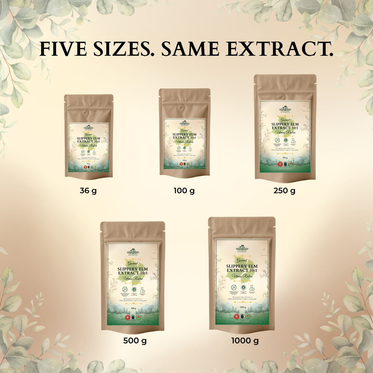 Ecogenya Slippery Elm Extract 10:1 available in 36 g, 100 g, 250 g, 500 g and 1000 g pouches
