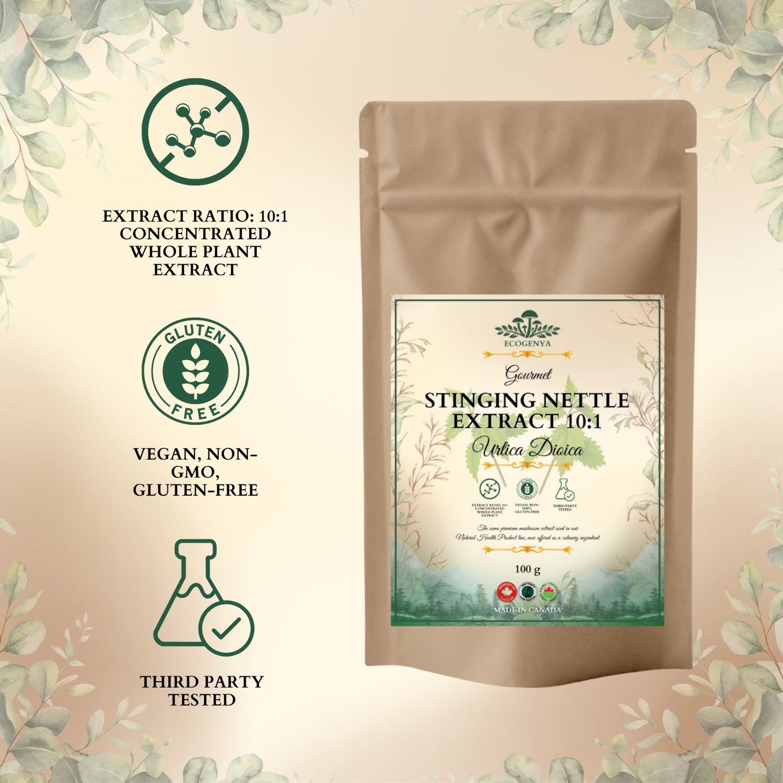 Ecogenya Stinging Nettle Extract 10:1 pouch with vegan, non-GMO, gluten-free and third-party tested features