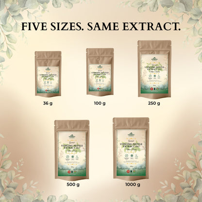 Ecogenya Stinging Nettle Extract 10:1 available in 36 g, 100 g, 250 g, 500 g and 1000 g pouches