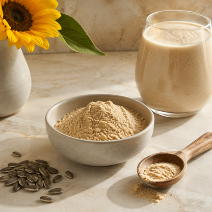 Sunflower lecithin powder in a ceramic bowl with sunflower seeds, a sunflower and a creamy drink on a light stone surface.