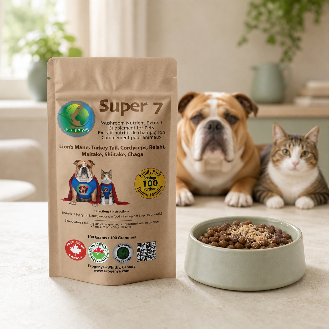Ecogenya Super 7 mushroom blend beside a food bowl with a dog and cat
