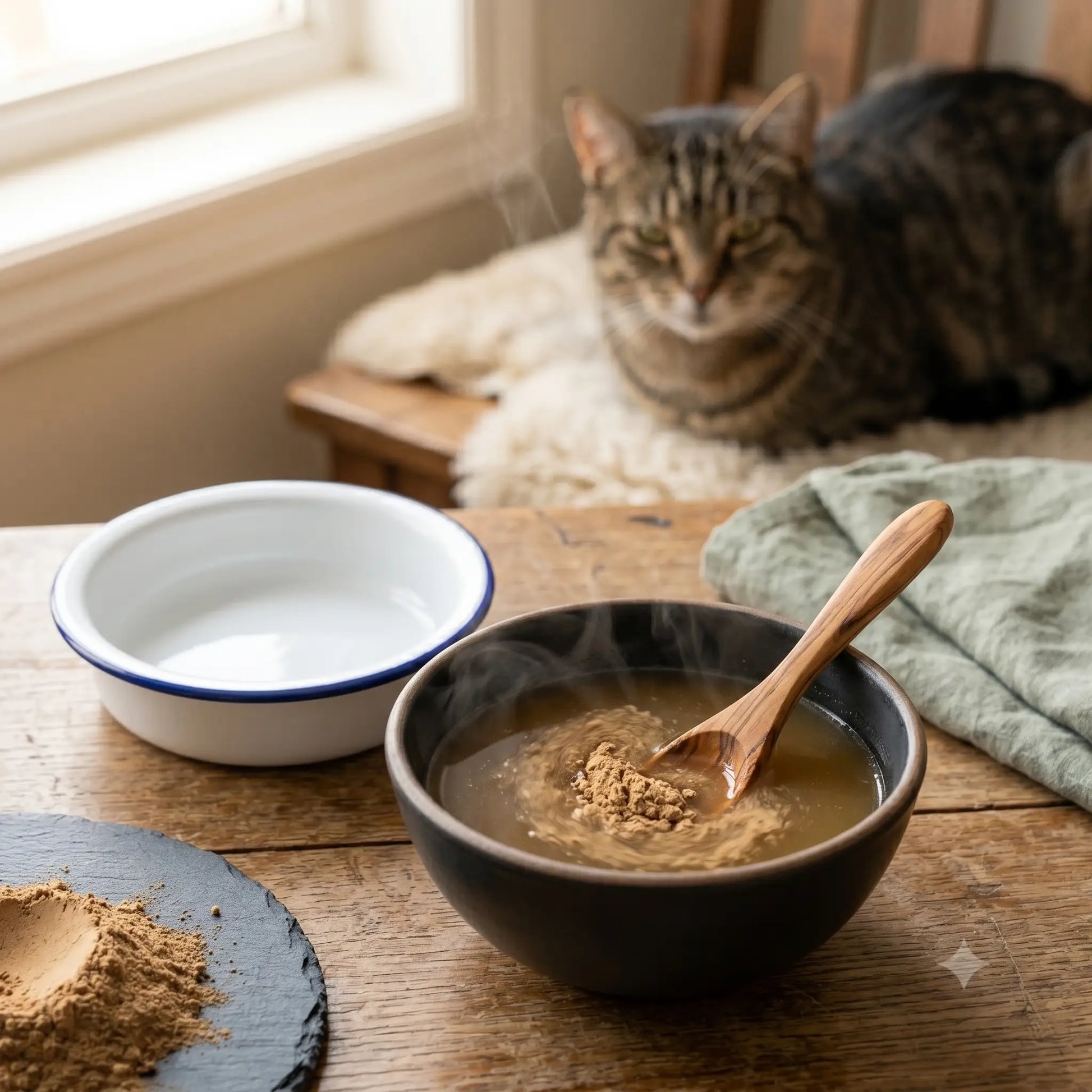 Ecogenya Super 7 Mushroom Blend for Pets mixed into bone broth — packaged in Canada