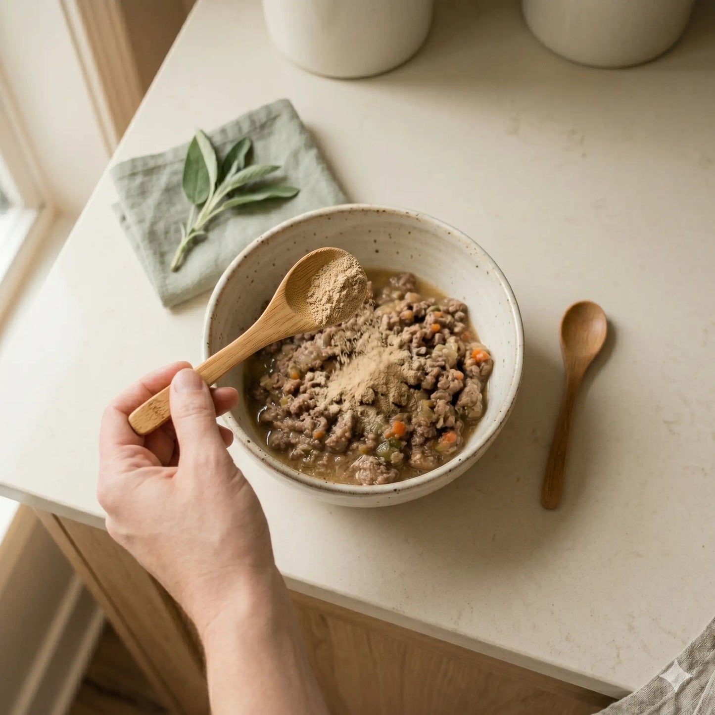 Ecogenya Super 7 Mushroom Blend for Pets sprinkled on food — packaged in Canada