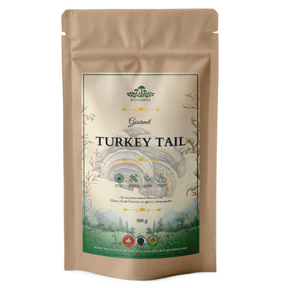 Ecogenya Gourmet Turkey Tail Mushroom Powder in a kraft bag, 500g — packaged in Canada