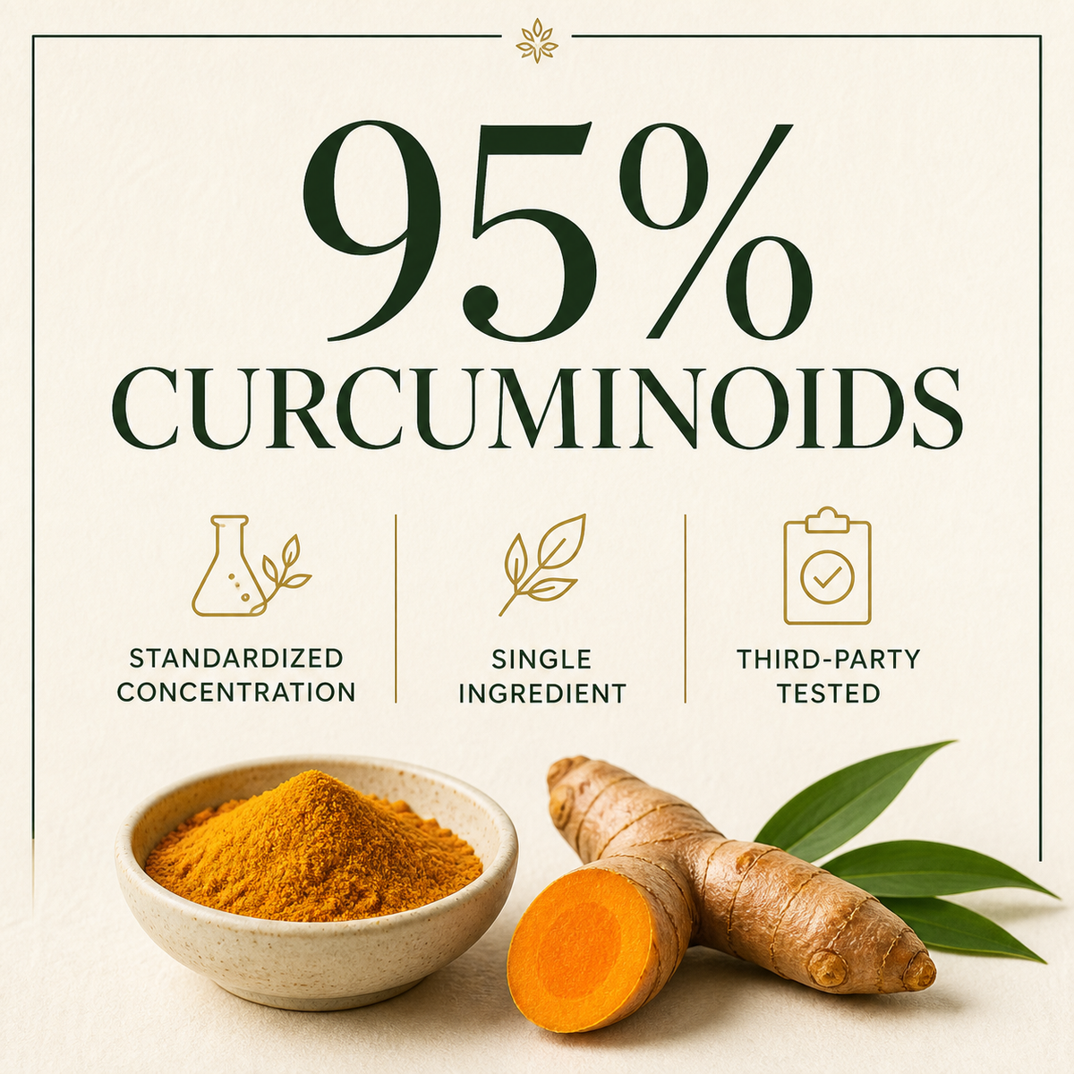 Turmeric extract product highlights: 95% curcuminoids, standardized concentration, single ingredient and third-party tested