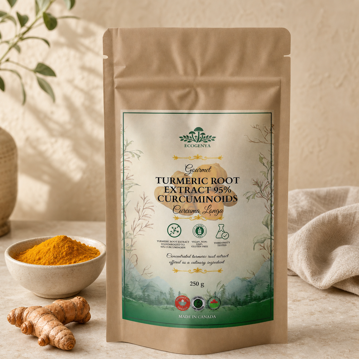 Ecogenya Turmeric Root Extract pouch with turmeric powder and fresh turmeric roots
