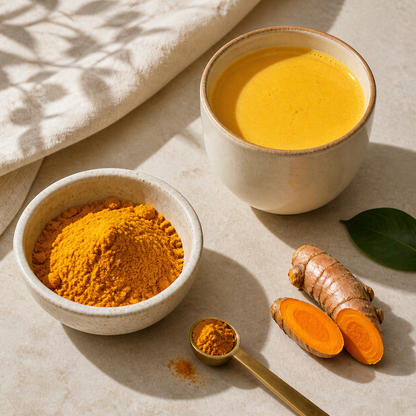Turmeric extract powder with a measuring spoon, golden milk and fresh turmeric root