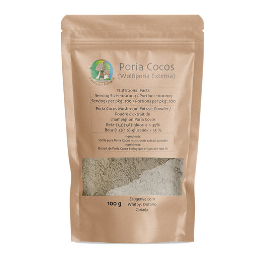 Ecogenya Organic Poria (Wolfiporia) Extract Powder in a kraft bag — front view, packaged in Canada