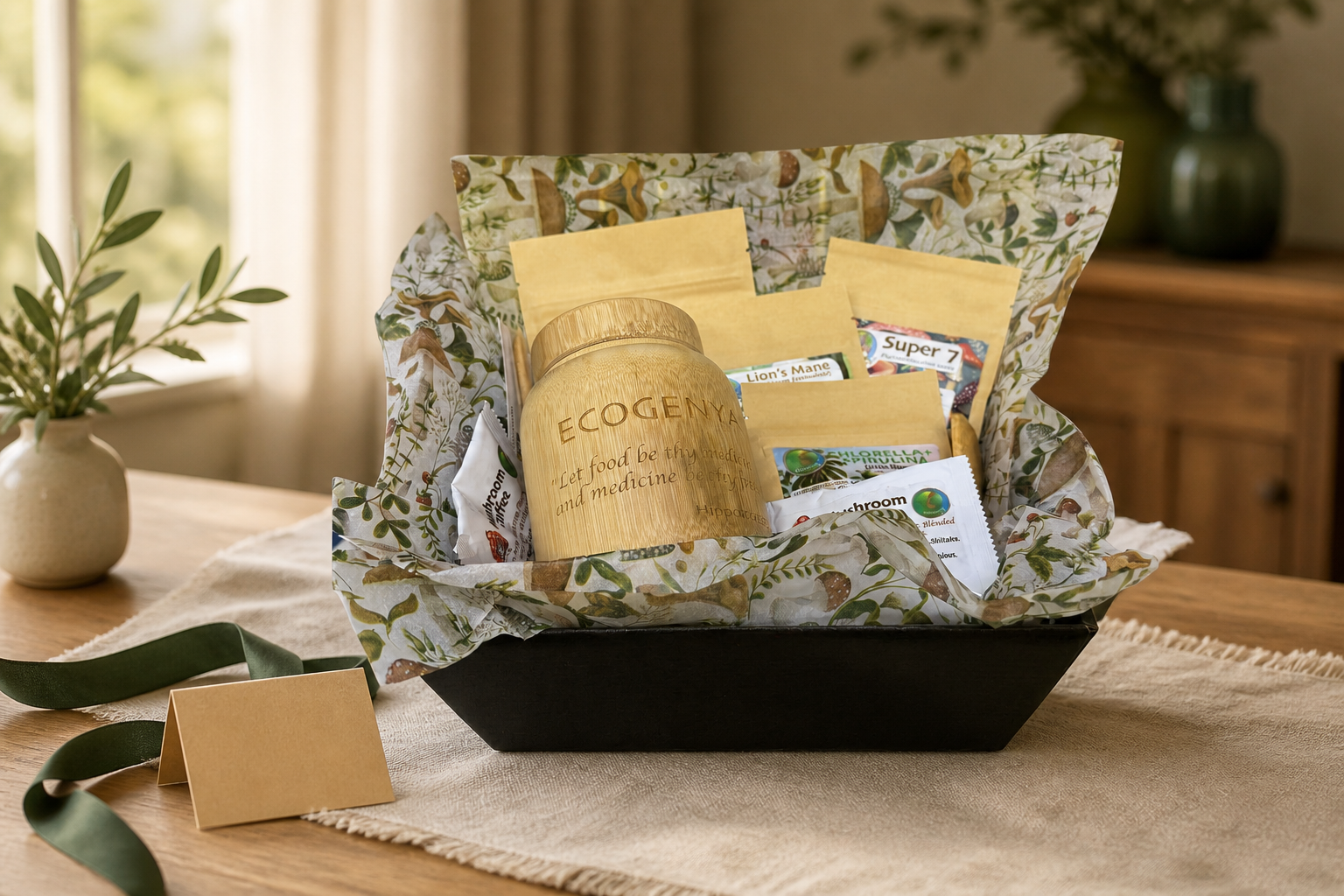 An Ecogenya wellness gift basket with an engraved bamboo canister, mushroom products and a blank gift card