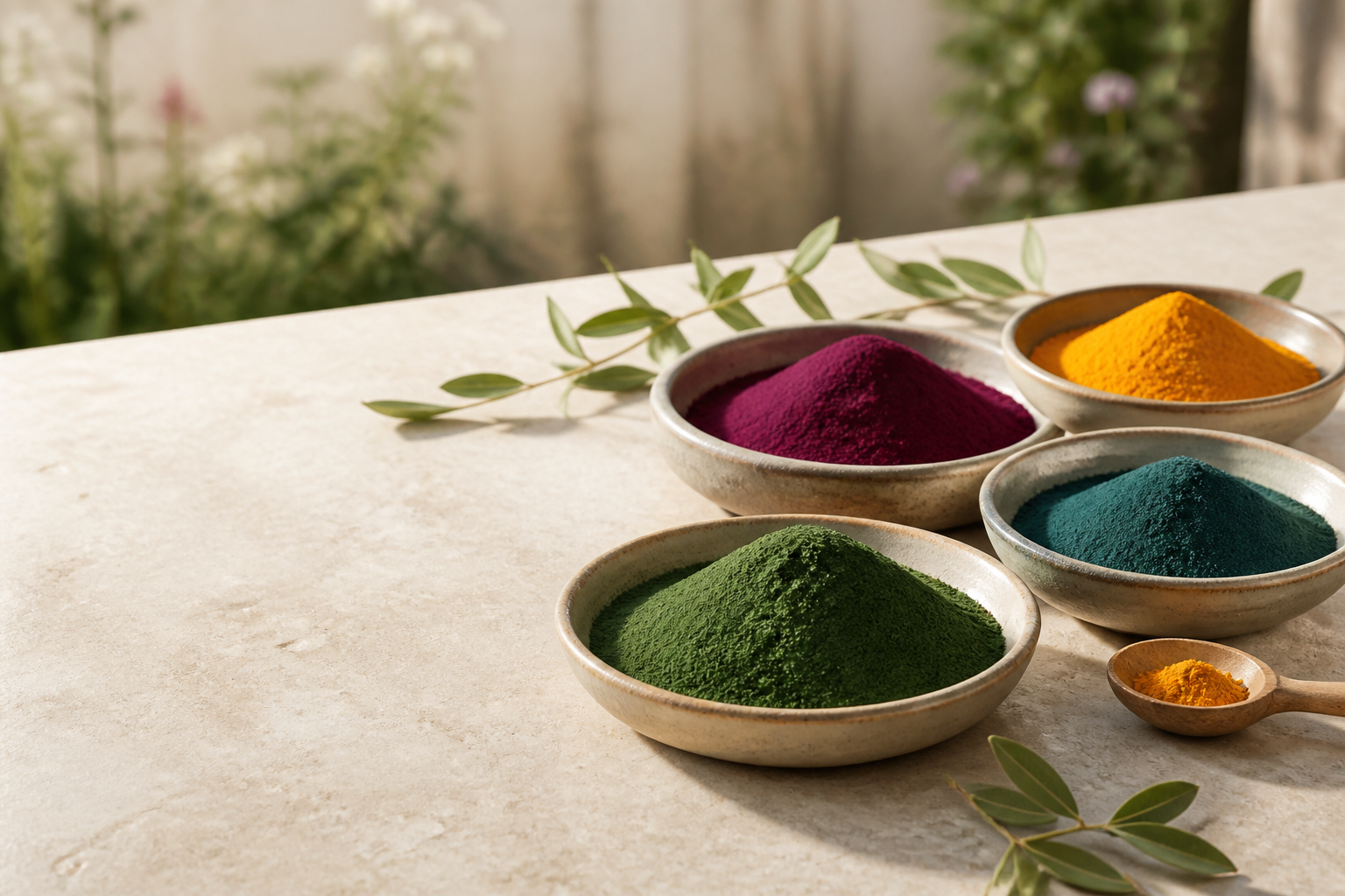 Fine chlorella, spirulina, beetroot and turmeric powders in handmade ceramic bowls