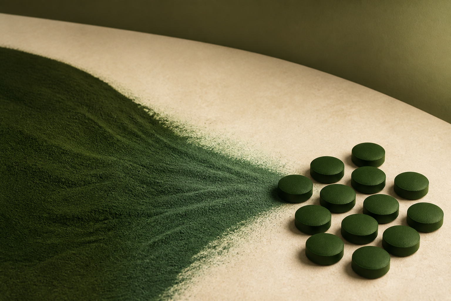 Fine algae blend beside finished dark green tablets