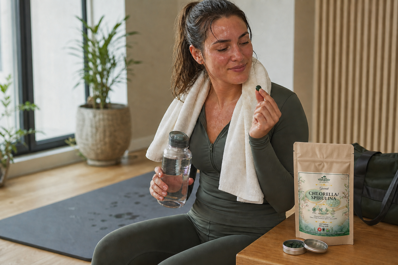 Woman making Daily Greens tablets part of her post-workout routine