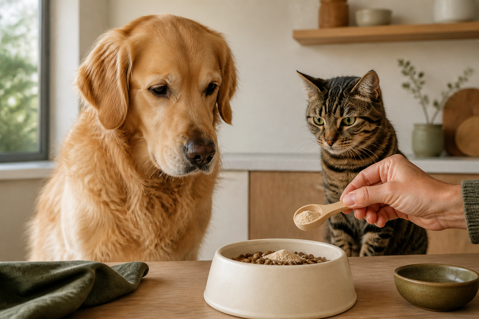 Fine mushroom extract powder being measured into pet food as a dog and cat wait nearby