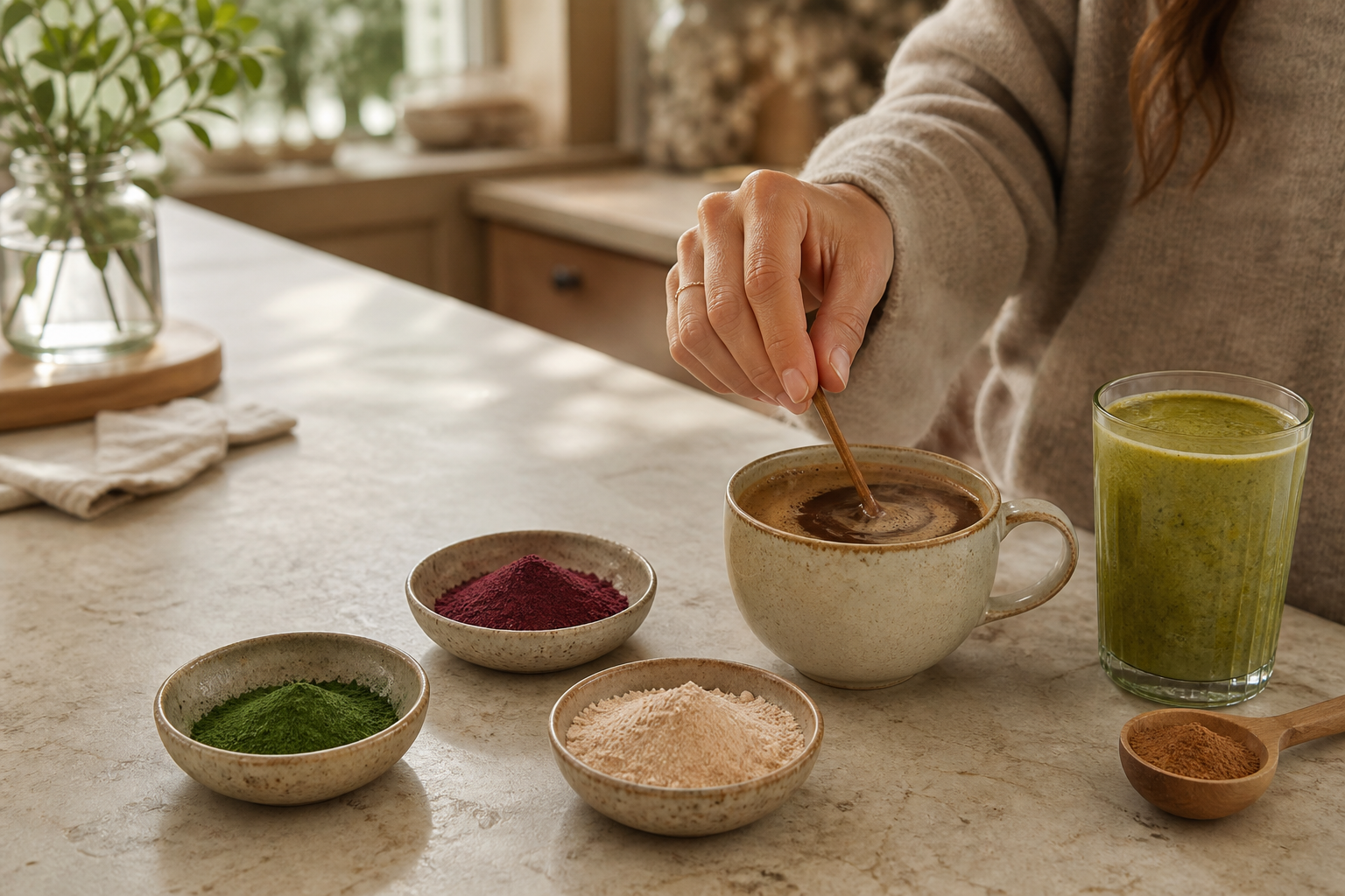 Fine mushroom, algae and botanical powders beside coffee and a smoothie in a warm kitchen
