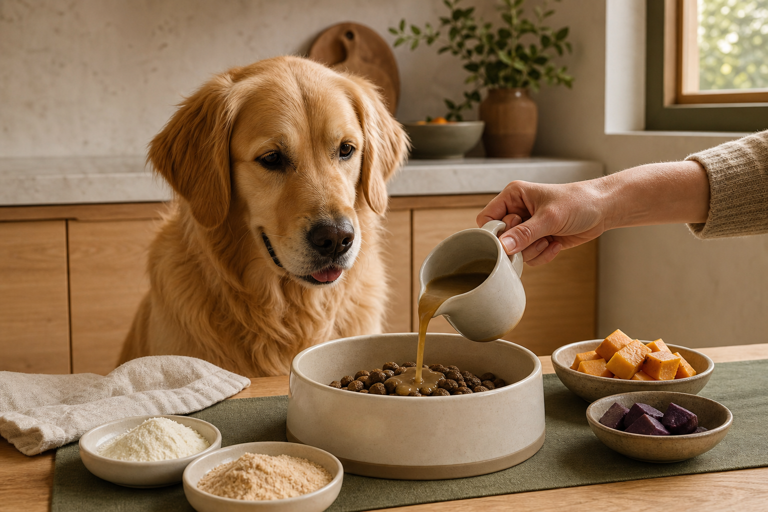 Savoury topper being poured over a dog's meal beside pumpkin and sweet potato