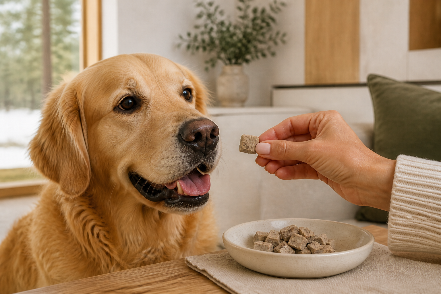 Golden retriever being offered an Ecogenya freeze-dried duck liver treat