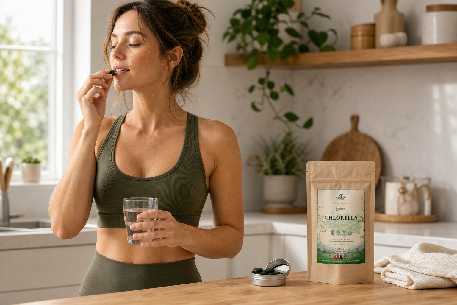 Woman taking Ecogenya chlorella tablets with water after her morning routine
