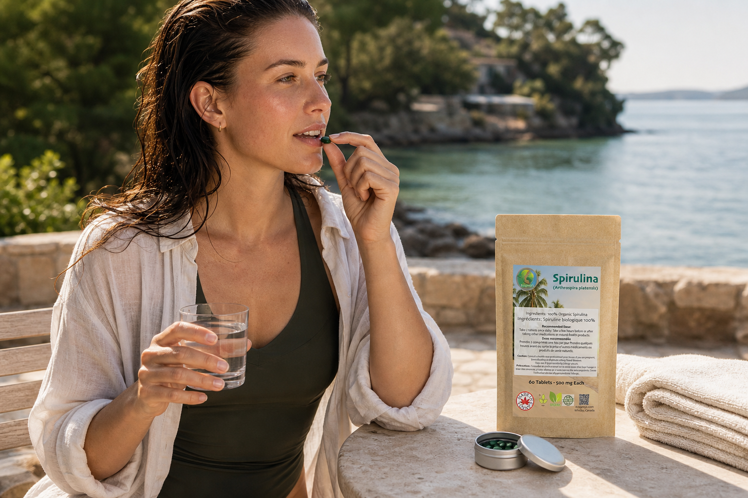 Woman taking Ecogenya spirulina tablets with water after a morning swim
